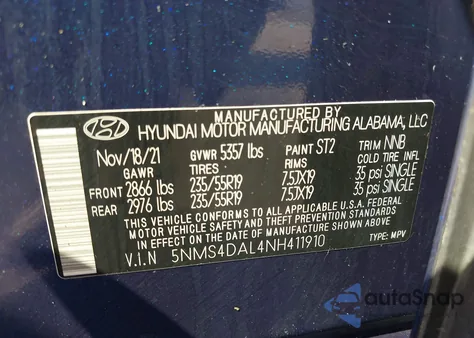 2022 Hyundai Santa Fe Limited from USA, damaged, VIN 5NMS4DAL4NH411910